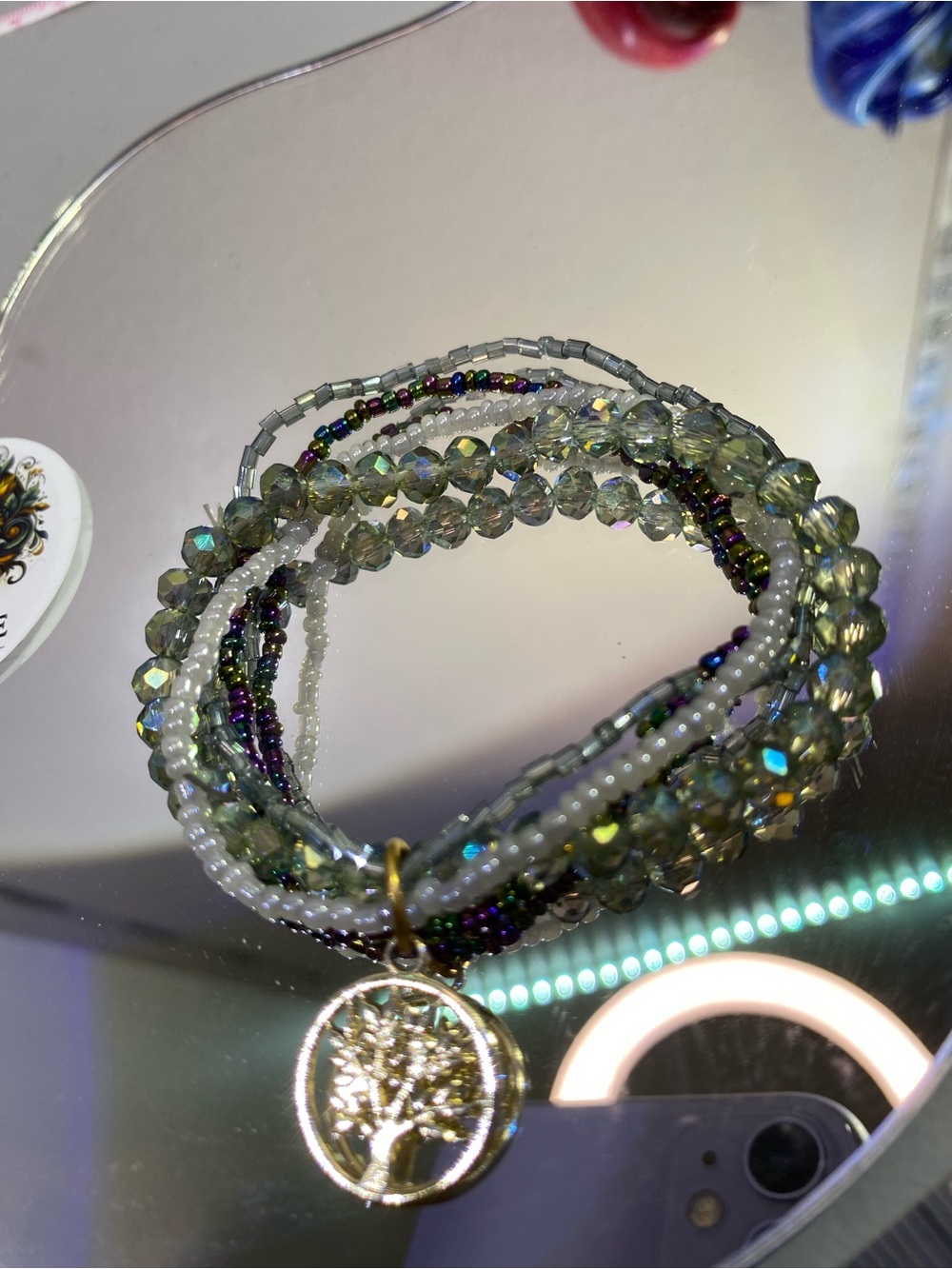 Gold Tree of Life Multi-Strand Green Beaded Bracelet - Picture 6 of 7